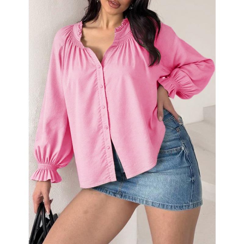 Spring and Autumn New Women's Elegant and Sweet Loose Casual Lantern Sleeve V-neck Ruffle Shirt