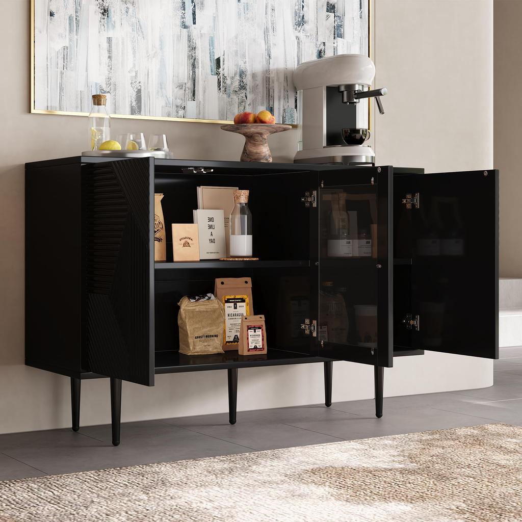 Sideboard mit 3 Türen, Kommode mit Glastür und Metalfüßen Buffetschrank für Esszimmer Wohnzimmer oder Flur, 120x38 x79.5 cm, Schwarz