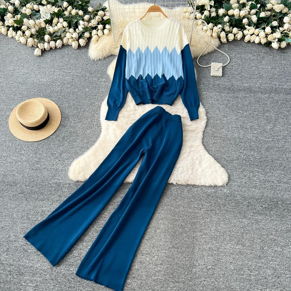 

Осенне-зимний женский повседневный полосатый вязаный свитер и брюки, комплект из двух предметов, пуловер с круглым вырезом, топ и брюки с карманами, спортивный костюм One Size синий