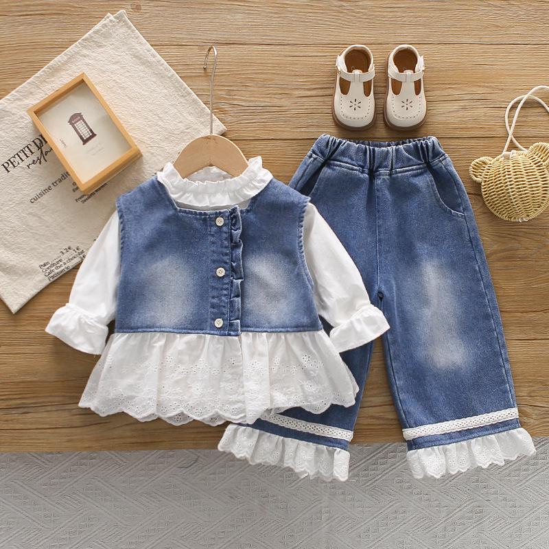 Girls' Stylish Faux Two-Piece Denim Suit: Lace Trim Top & Wide-Leg Pants Set for Spring & Autumn