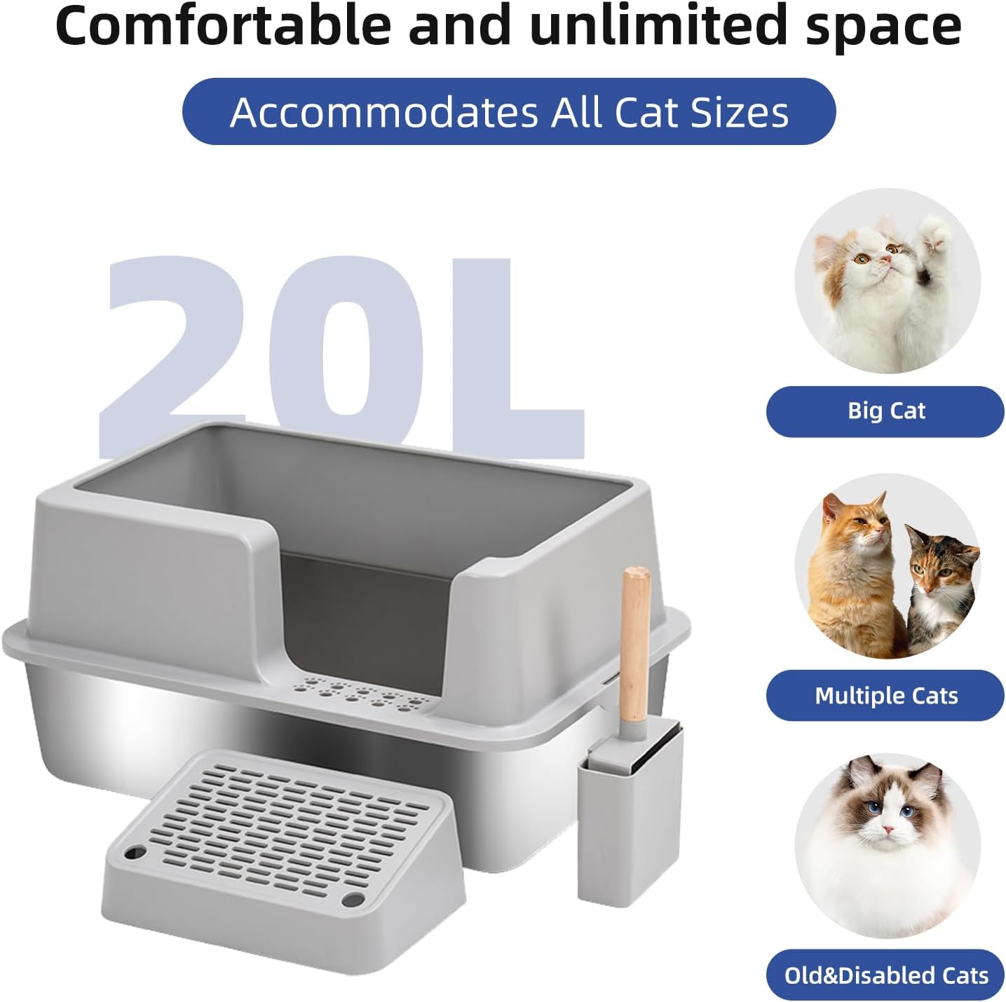 Extra Large Stainless Steel Cat Litter Box High Side Anti-Leak Litter Tray With Secure Lid And Litter Scoop