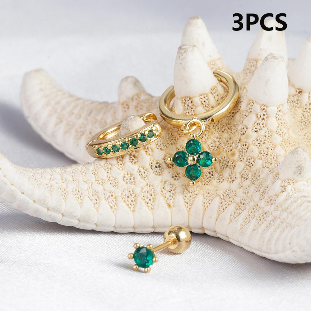 3PCS Green Zircon Flower Hoop Earrings Women Tiny Stainless Steel Round Circle Cartilage Piercing Earring Fashion Jewelry Sets