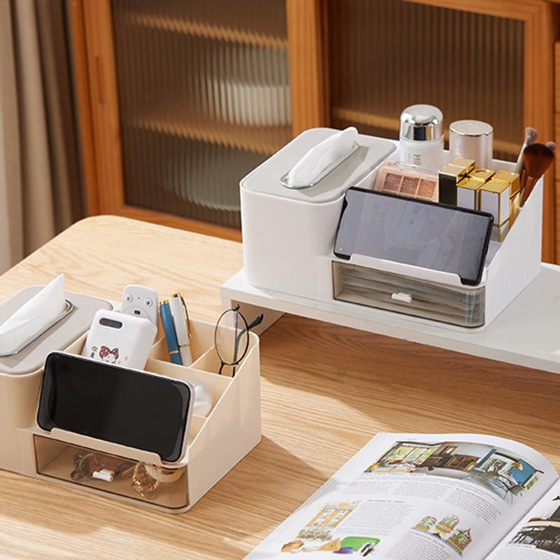 1pc DesktopTissue Box with Phone Holder Cosmetics Organizer Multifunctional Living Room Drawer Typ Remote Control Organizer
