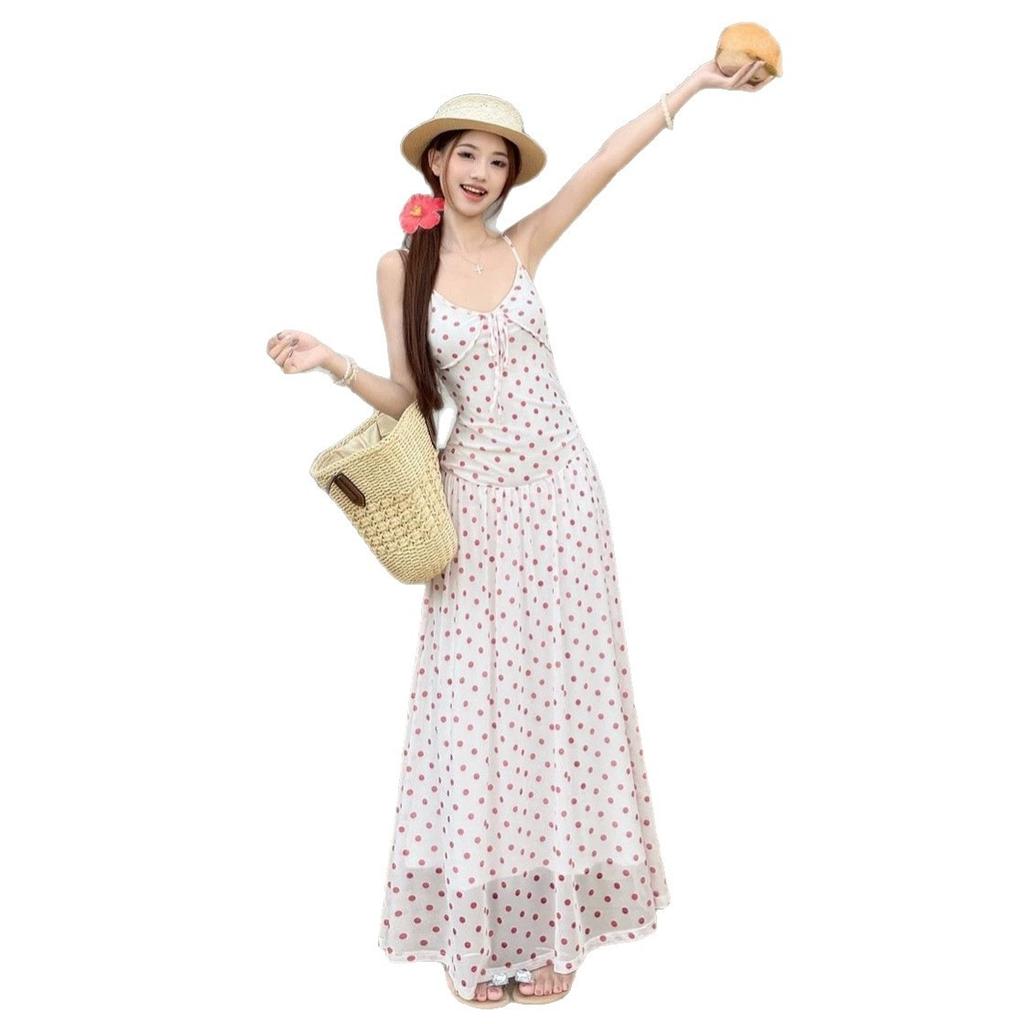 French Red Polka Dot Suspender Dress Women's Summer New Chic and Thin A-shaped Skirt Slim Holiday Dress