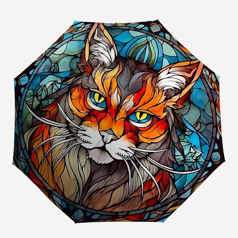 1pc Stained Glass Cat Design Automatic Opening Folding Umbrella with 8-Bone Iron Frame - Portable Outdoor for Fans, Travelers, Everyday Use, Festive G