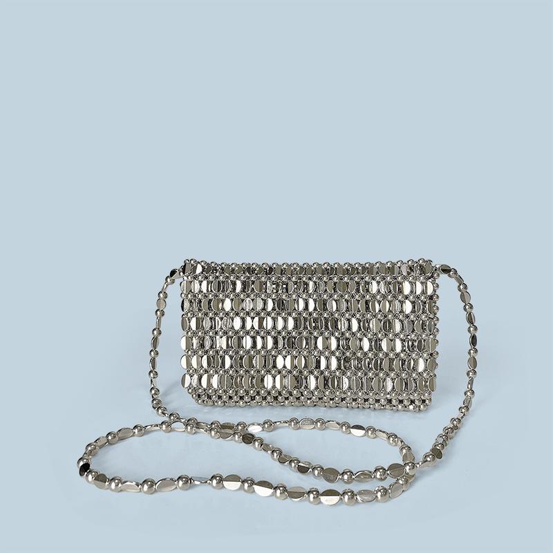 Summer Blingbling Retro Silver Hollow Design Handmade Beaded Flip Phone Bag Luxury Women Shoudler Bag Lady Crossbody Bags