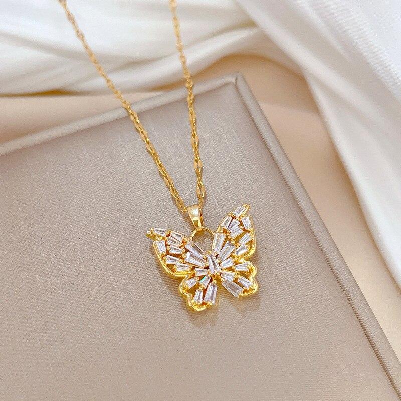 Fantastic Crystal Gold-Color Butterfly Necklace For Women Rhinestone Symmetrical Pendant Accessories Party Zircon Gifts