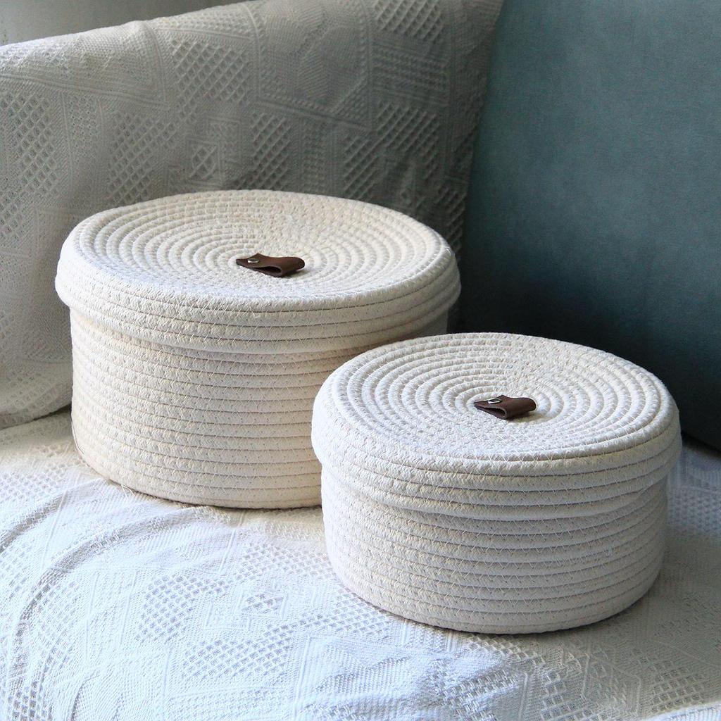 Retro Cotton Linen Rope Storage Box – Hand-Woven Basket with Lid for Home Sundries