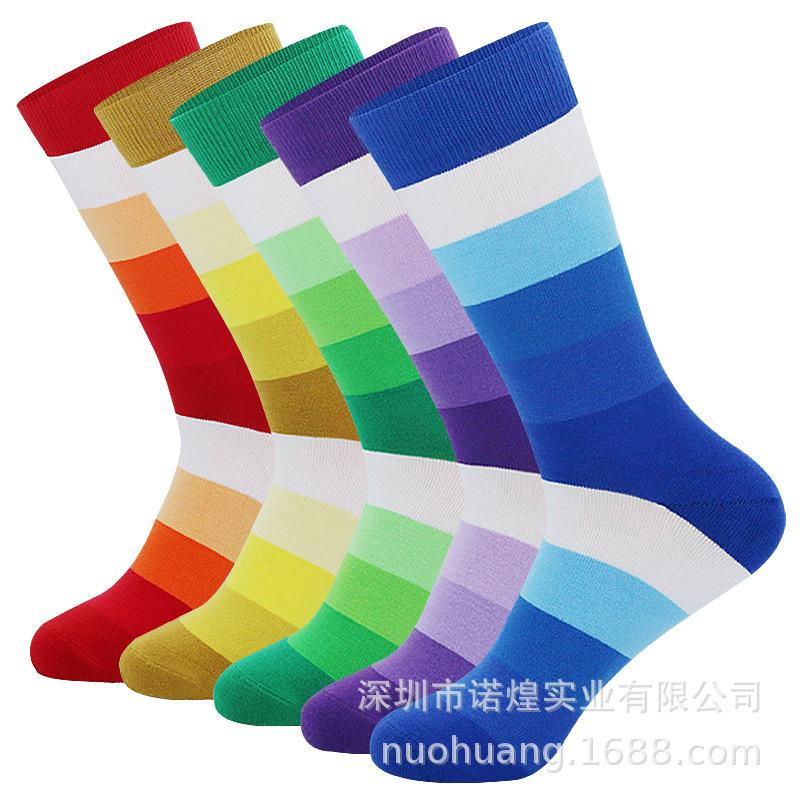 Men's Plus Size Striped Cotton Socks - Rainbow, Thick, Anti-Odor, Mid-Calf Length, European & American Style.