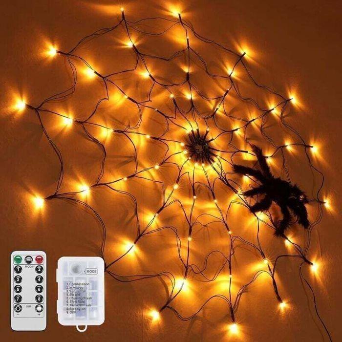 Décoration lumineuse Halloween - AIMOONSA - 1 m - 70 LED orange - Araignée noire - Télécommande 8 modes
