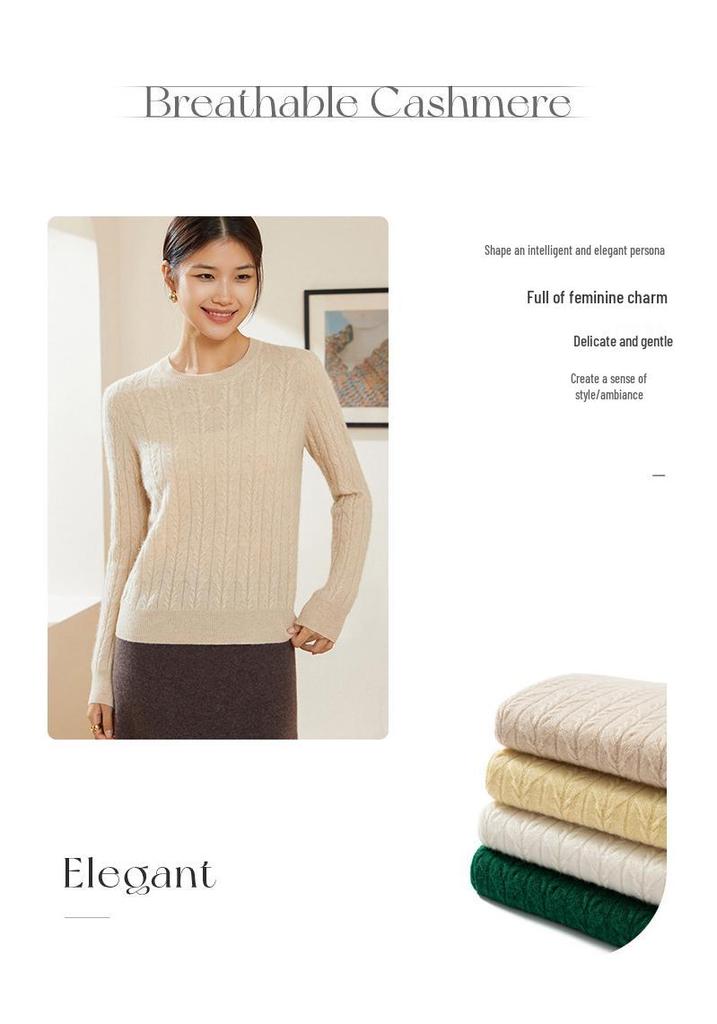100% Pure Cashmere Women's Round Neck Knit Sweater with Wheat Ear Jacquard Design