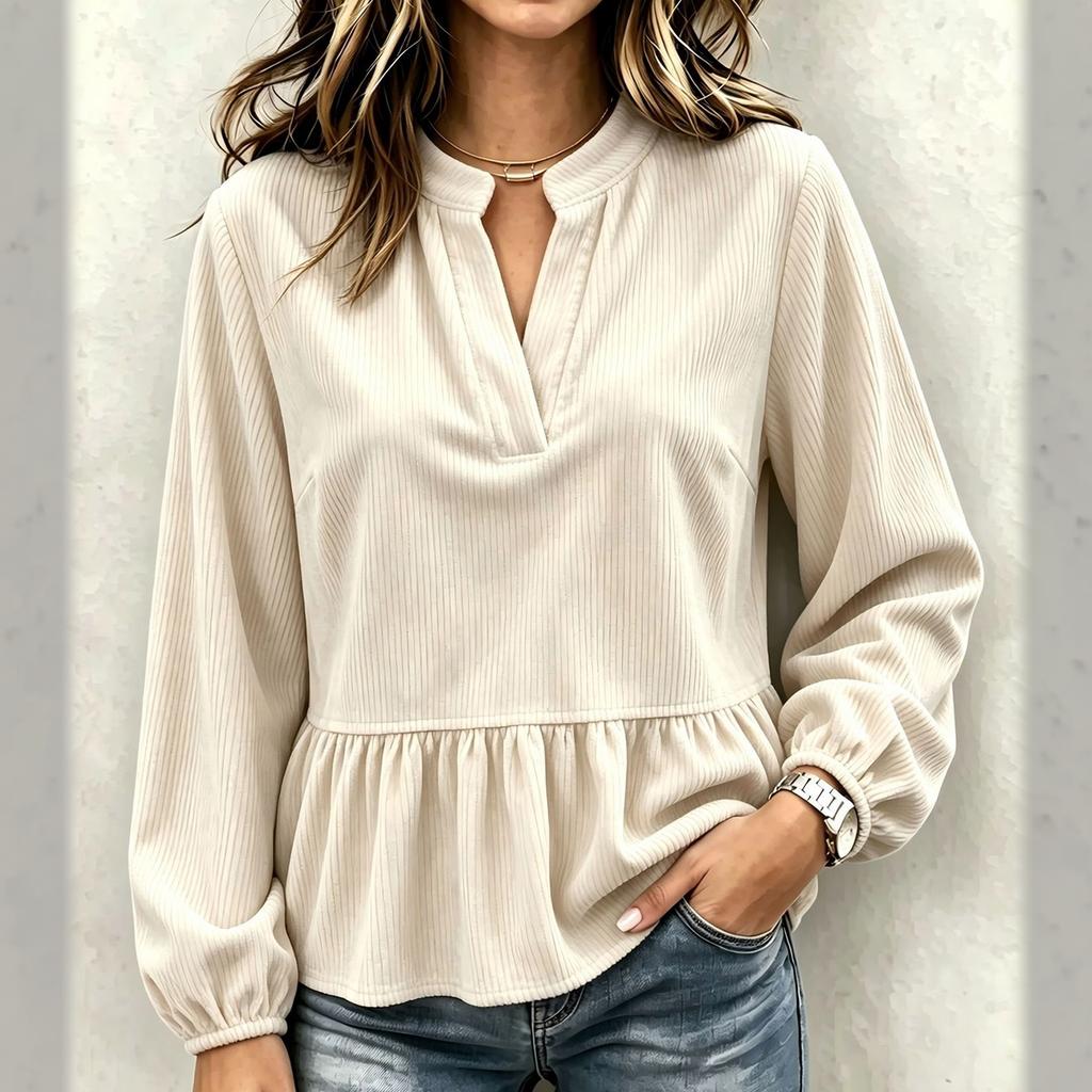 Women's Casual Corduroy V-Neck Ruffle Long Sleeve Top
