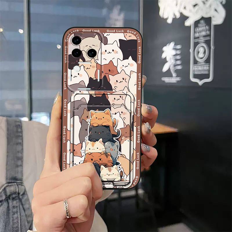 Card Slot Dirt-resistant Phone Case For VIVO S18 Pro/V30 Pro TPU Protective Cartoon Card Sleeve Graffiti Cute Soft Case