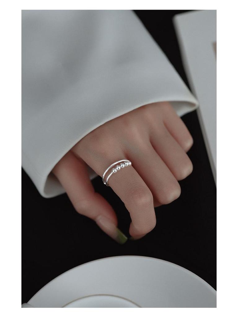 Pierścień z dwuwarstwowej obrotowej koralikowej kulki ze srebra S925 dla kobiet - pierścień na palec wskazujący przeciwlękowy i dekompresyjny, fajny styl