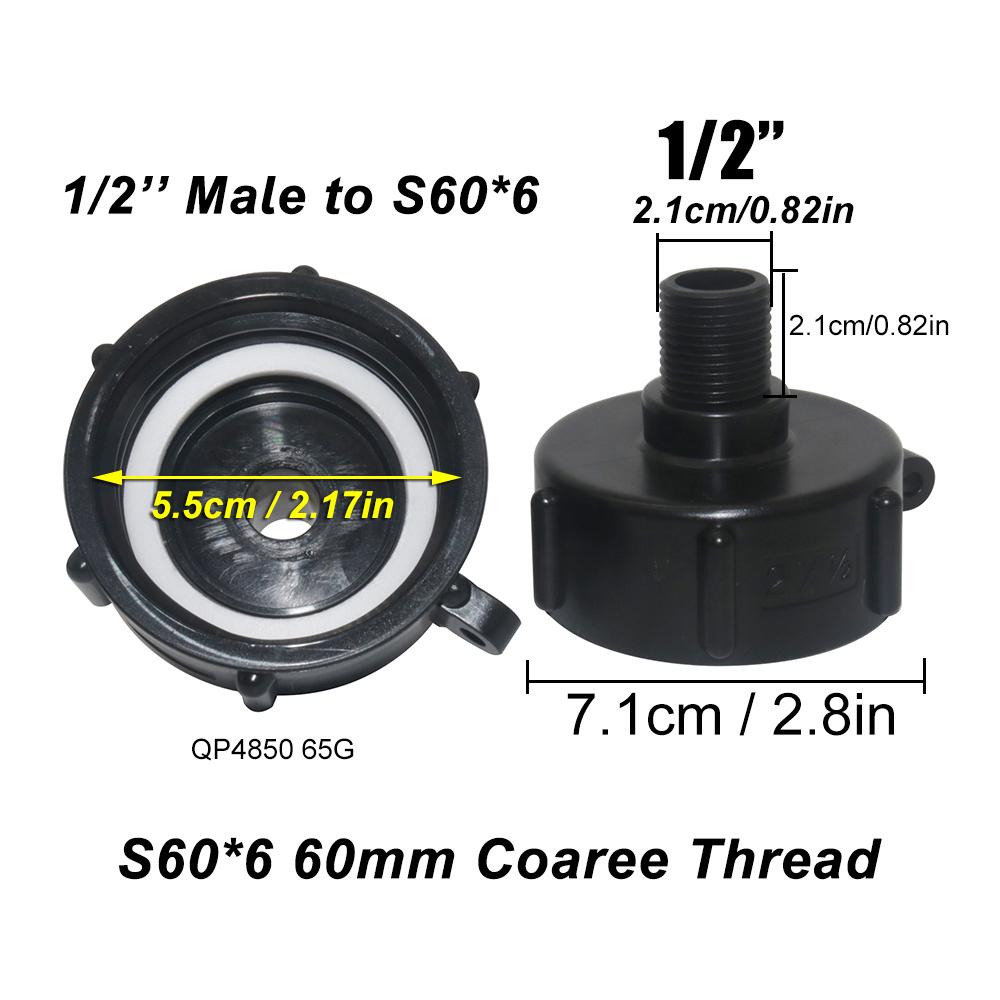 2Pcs S60x6 IBC Tote Tank Fitting Hose Drain Adapter 1/2inch 3/4inch 1inch Thread IBC Tank A Dapter Tap Connector Replacement