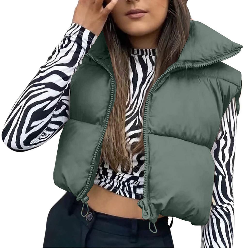 Women's Winter Vest Sleeveless Short Jacket Lightweight Stand Collar Zipper Solid Color Quilted Vest