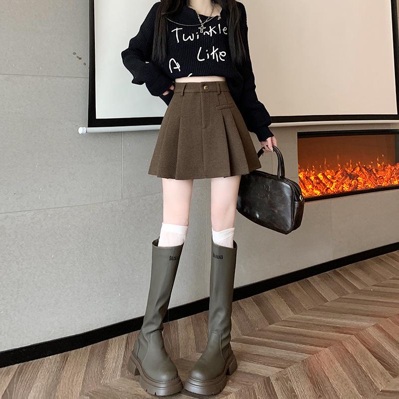 Damen Hochtaillierter Grauer Woll Karierter Plissierter Petite A-Linien Rock - Anti-Exposure, Schlankmachend, Herbst/Winter