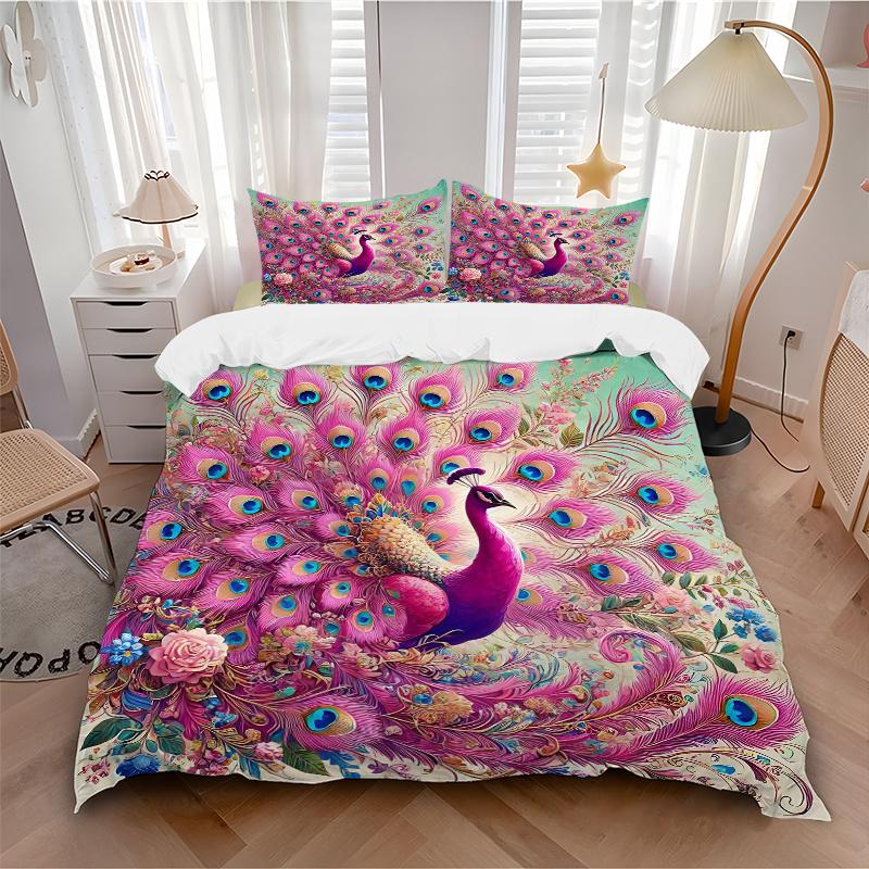 3pcs Pink Peacock with Open Tail Printed Quilt Set - Soft and Comfortable Quilt Cover for Bedroom, Guest Room and Dormitory Decorative Bedding Se