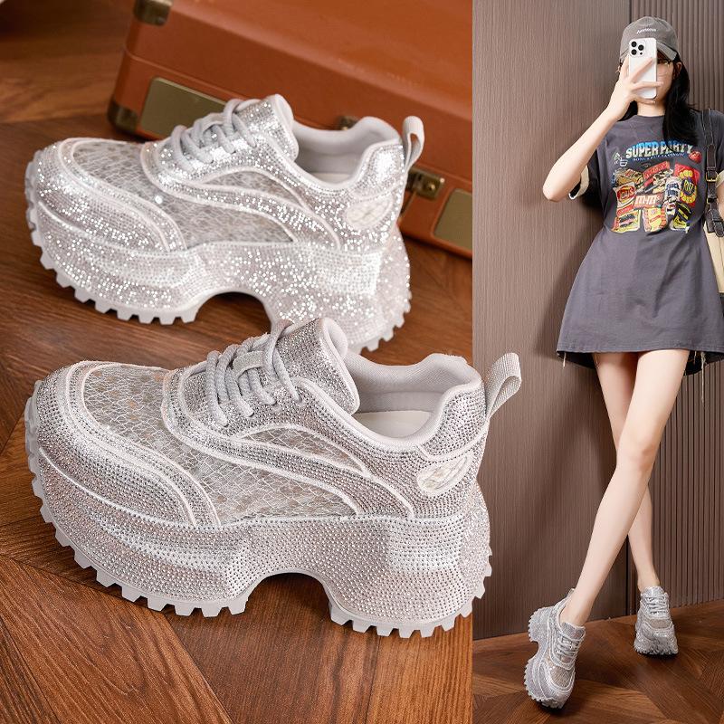 Thick-soled Dad Shoes Women's 2025 Spring and Summer New Full Diamonds Small Inner Height-increasing Women's Shoes Hollow Mesh Breathable Sandals