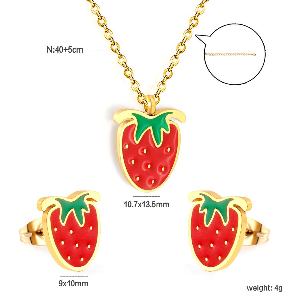 Sweet Strawberry Fruit Drip Oil Necklace Earrings Jewelry Set Cute Gift For Women Girls