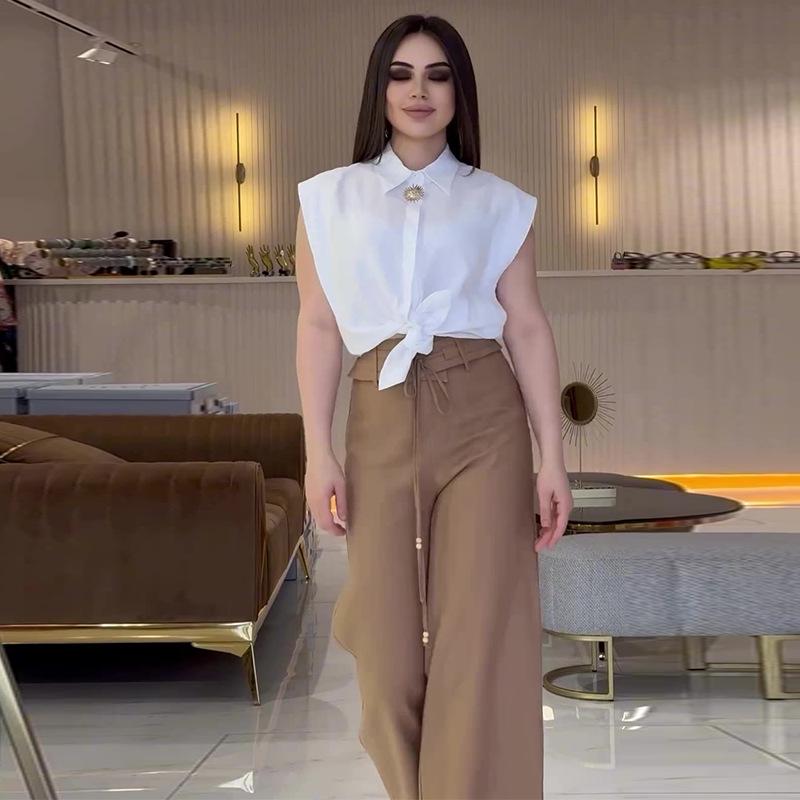 2024 Summer Women's Casual Slim Shirt & Wide-Leg Pants Set