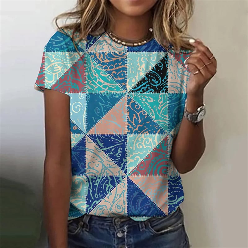 Stripe grid retro pattern 3D printed T-shirt for women's round neck T-shirt