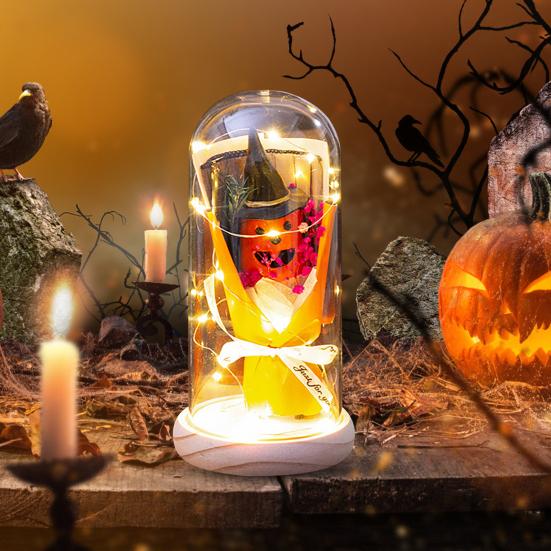 LED Clear Dome Pumpkin Night Light Halloween Pumpkin Figurine in Cloche with LED Light for Home Kitchen Mantel Tabletop Decor
