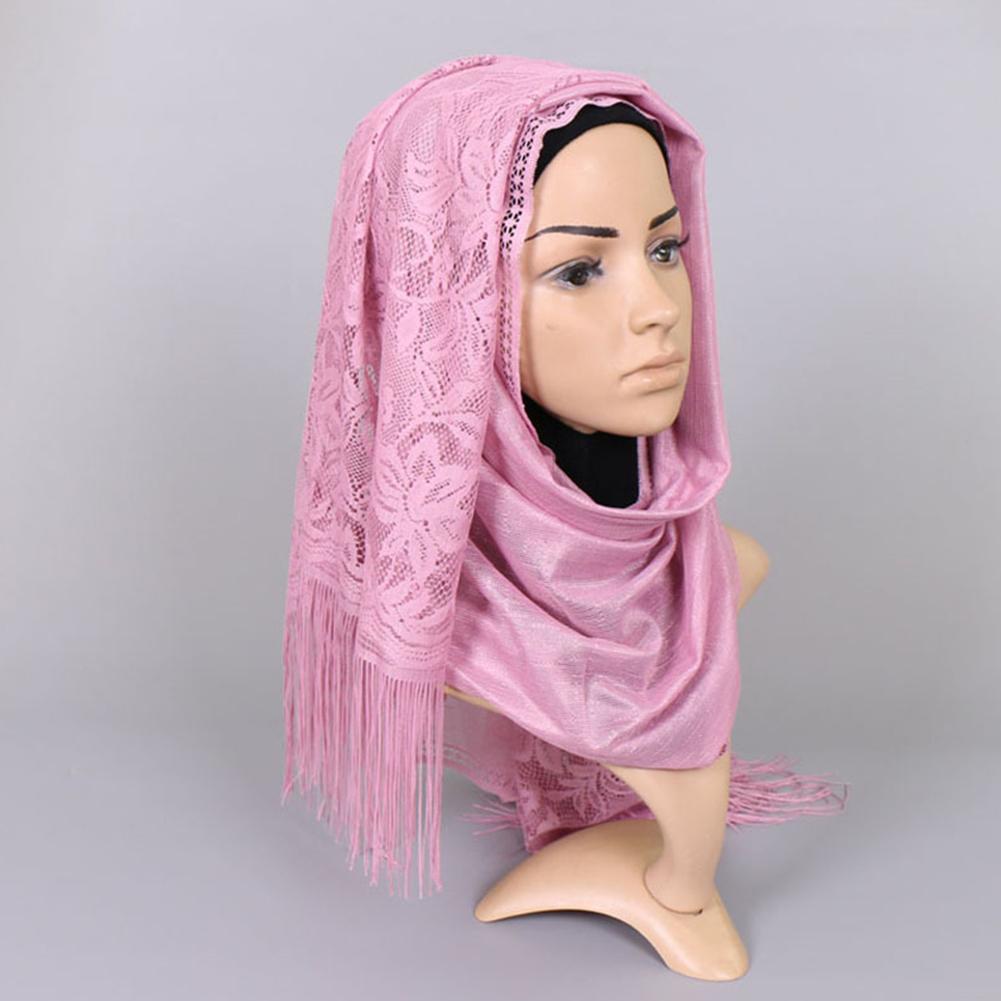 Women Fashion Elegant Solid Color Lace Hollow Tassel Muslim Scarf Headscarf