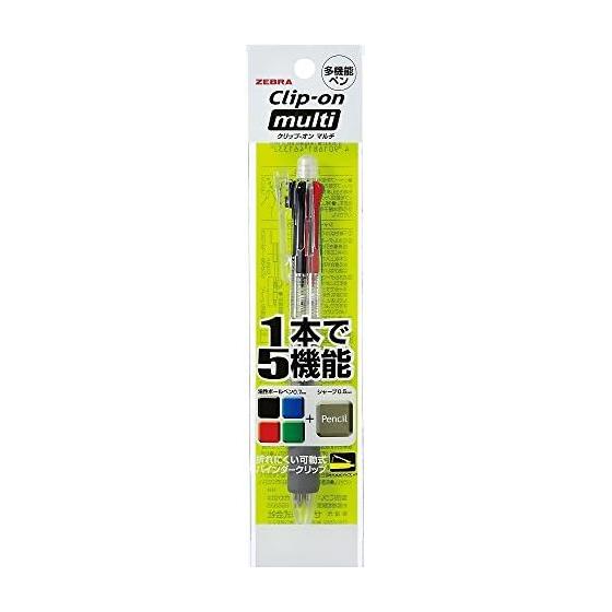 Zebra Clip-On Multi Pen, Transparent Barrel, 4-Color Ballpoint (Black, Red, Blue, Green) + 0.5mm Mechanical Pencil, Durable Binder Clip, Slim &