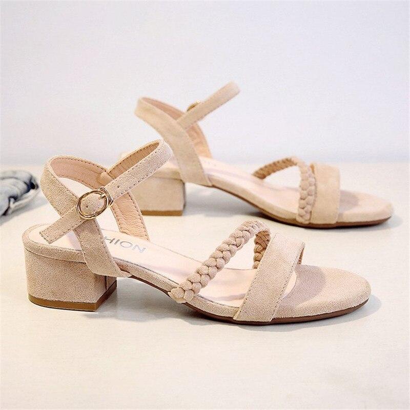Flock Beige High Heels Sandals Women  Summer Shoes Women Fashion Open Toe Buckle Sandals Casual Square Heel Female Shoes