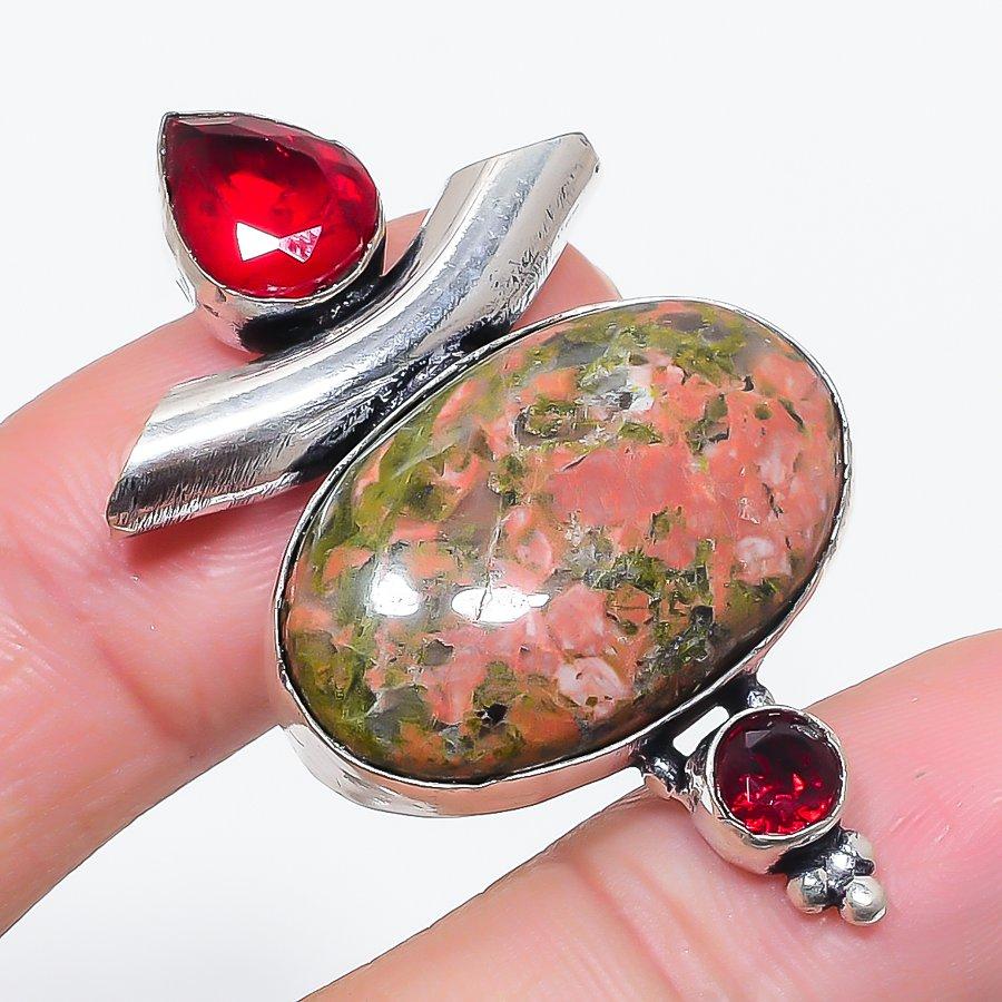 Natural Unakite, Garnet Gemstone 925 Sterling Silver Jewelry Pendant 1.97" i5t94