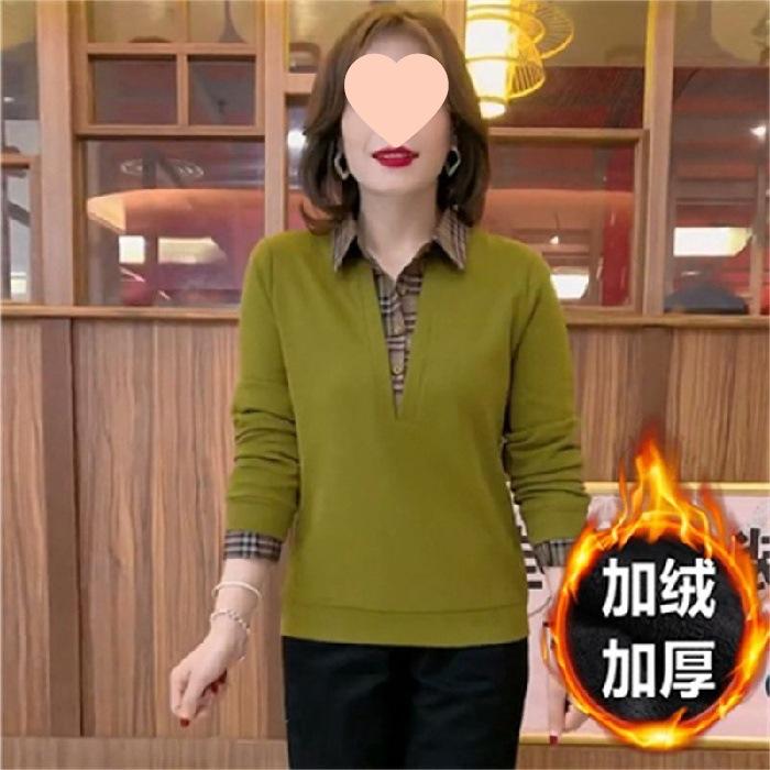 

Large size 0kg fleece thickened fake two pieces autumn and winter shirt splicing sweater loose belly cover 5XL [Recommended 191-105kg]