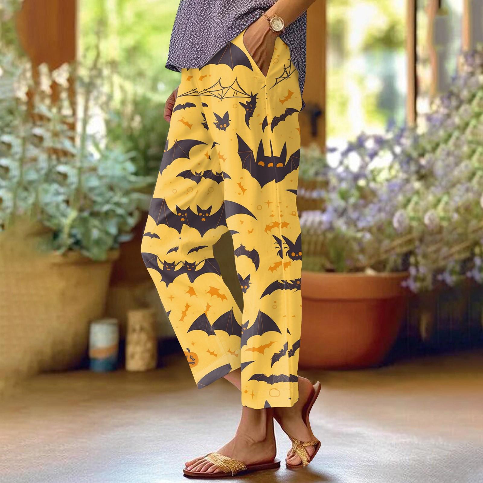 

Жіночі модні повсякденні штани з кишеньковим принтом і еластичною талією на Хеллоуїн. Повсякденні вільні штани XXXL жовтий