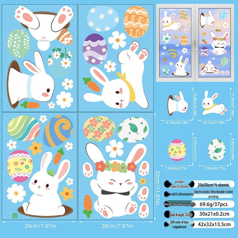Colorful Easter Bunny & Egg Window Cling Stickers - Spring Glass Electrostatic Decor
