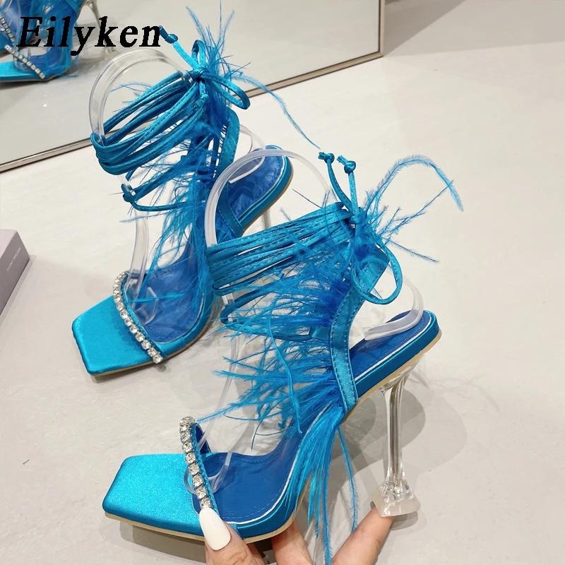Fashion Eilyken Fashion Summer Rhinestone Feather Women Sandals Lace-up Cross-Tied Sexy Gladiator Square Toe Ladies High Heel Shoes
