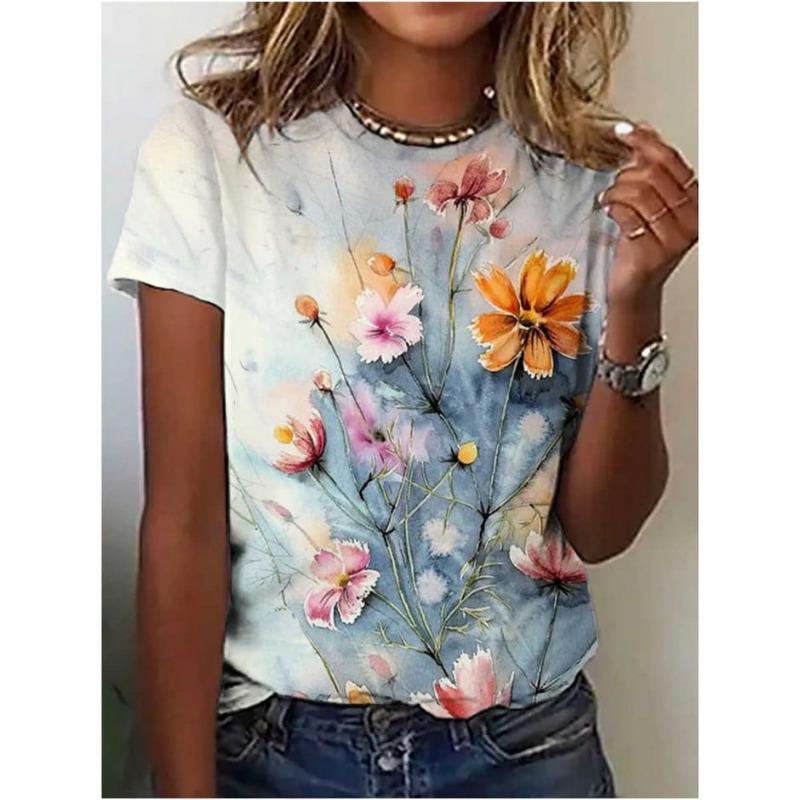 Colorful Flower and Butterfly 3D Printed T-shirt, Women's Round-neck Short-sleeved T-shirt, Women's Clothing