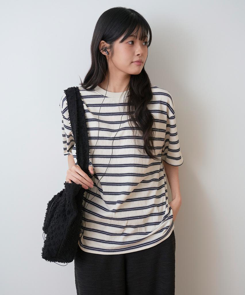 Sayu Striped Biscuit Short Sleeve T-Shirt Ivory