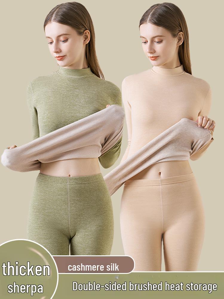 Women's Cashmere Silk Thermal Underwear Set: Seamless Autumn/Winter Top and Bottoms with Thickened Velvet