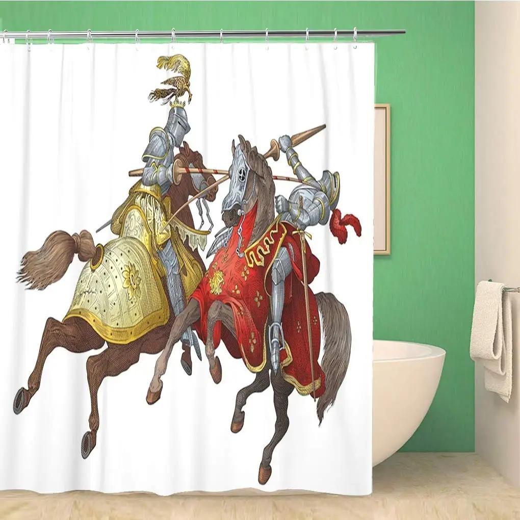 Middeleeuwse Ridder Douchegordijn, Retro Pantser Ridder met Schild en Zwaard Badkamer Douchegordijn Set, Polyester Stof, Haken