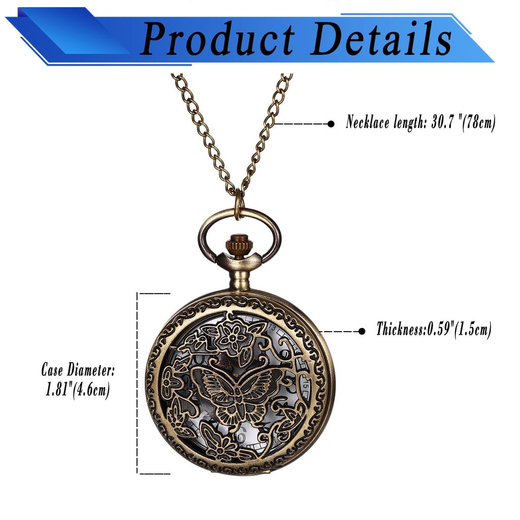 Pocket Watch Antique Butterfly Skeleton Analog Display Waterproof With Cover Pendant Necklace Chain Bronze Retro Fashion Accessory Birthday