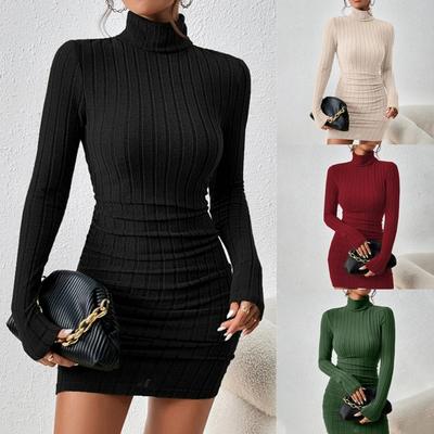 2024 Women Clothing New Solid Dresses Mini Dress Club Elegant Party Dresses Black Solid Turtleneck Long Sleeves SheathDress
