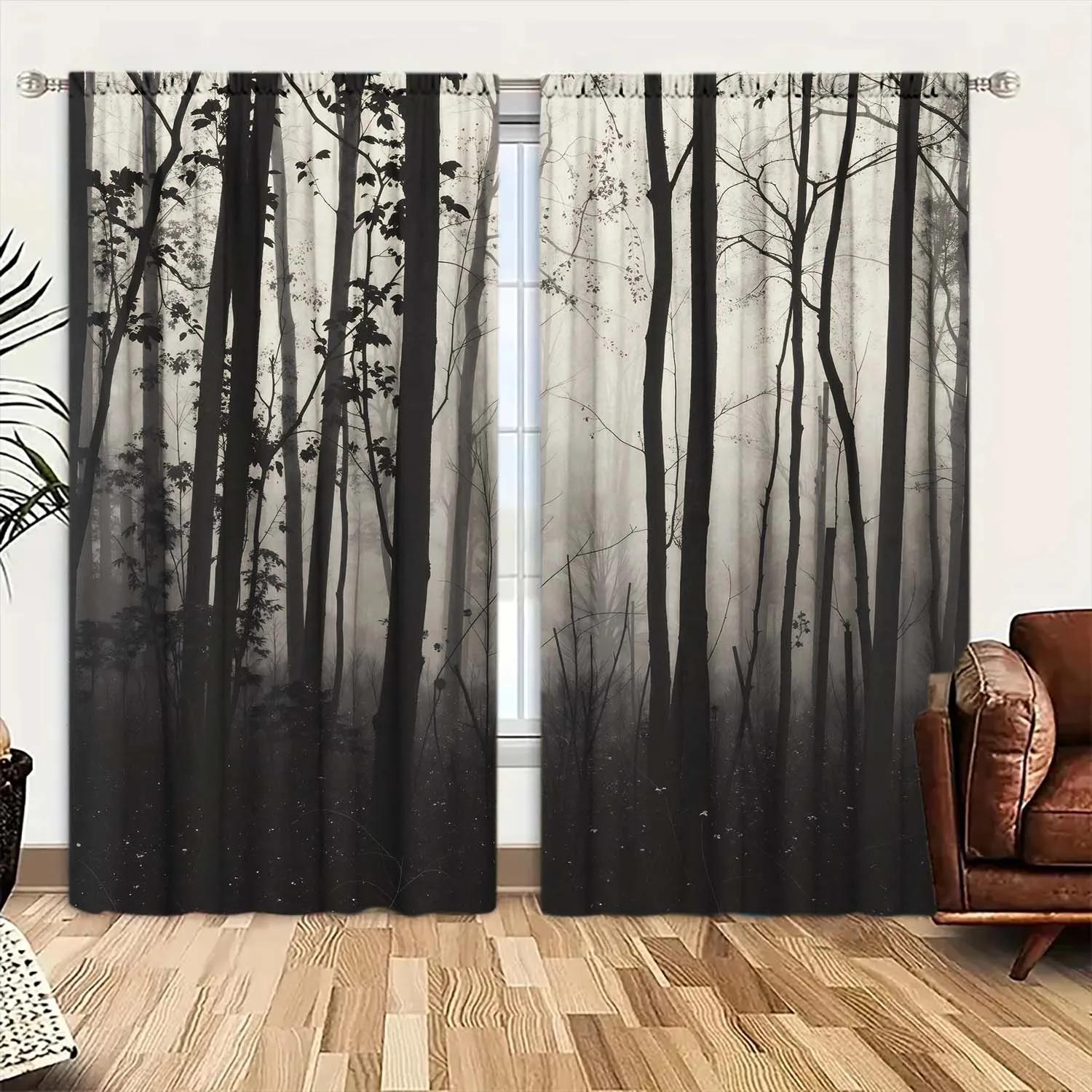 

Artistic Panels Forest Shrouded Smoke Printed Curtain Home Decoration Curtains All Season Decorative Polyester W100*H70(CM)-Grommet top&2PCS