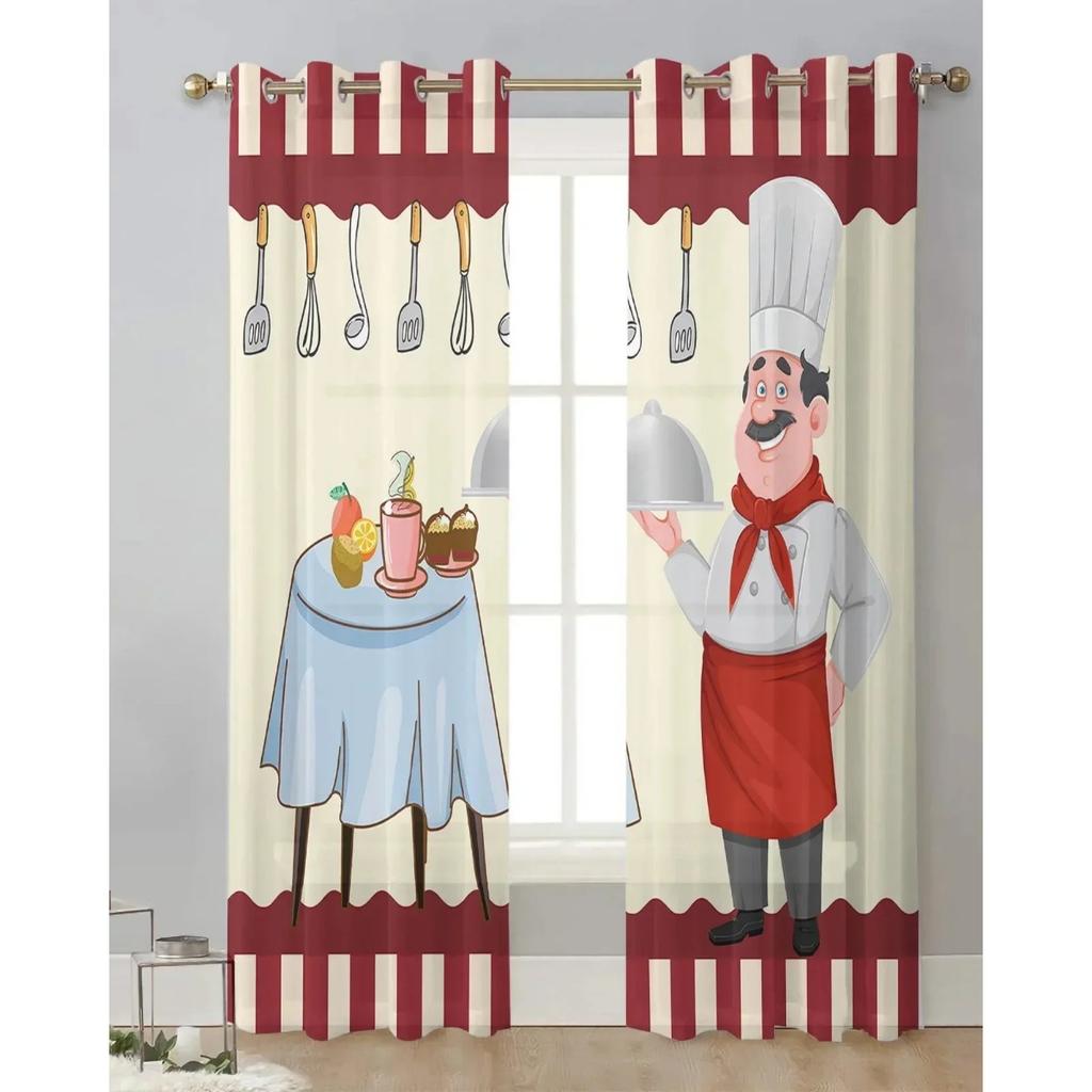 3D 2 Panels Chiffon Sheer Vorhang Küche Vorhang Küchengeschirr Chef Print Voile Tüll Cortinas für Küche Wohnzimmer Fenster Cort