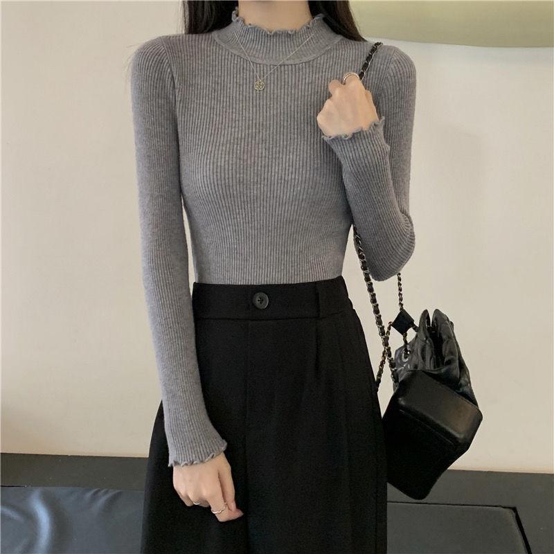 

Утепленный теплый свитер женский полувысокий воротник вязаный свитер женский осенне-зимний приталенный с оборками пуловер с длинным рукавом вязаный свитер топ XL серый