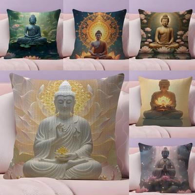 Buddha Statue And Lotus Cushion Cover Natural Linen Pillow Case DoubleSided Print Decorative Sofa Pillowcase Home Decor Gift