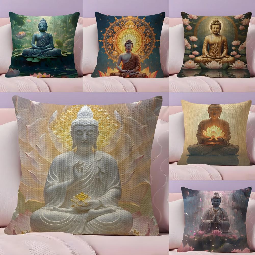 Buddha-Statue und Lotus-Kissenbezug Natürlicher Leinen-Kissenbezug Doppelseitiger Druck Dekorative Sofakissenhülle Heimdekoration Geschenk