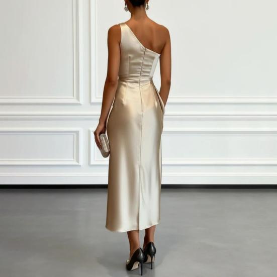 Women's One Shoulder Satin Prom Dress Summer Sleeveless Party Cocktail Midi Dress Ruched Bodycon Evening Wedding Guest Dress
