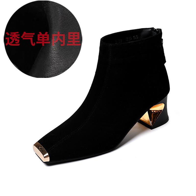 2026 Neue Damen Retro Quadratische Zehenpartie Wildleder Knöchelhohe Stiefel - Metallspitze Reißverschluss Hinten klobiger Absatz Stiefel Design Herbst Winter