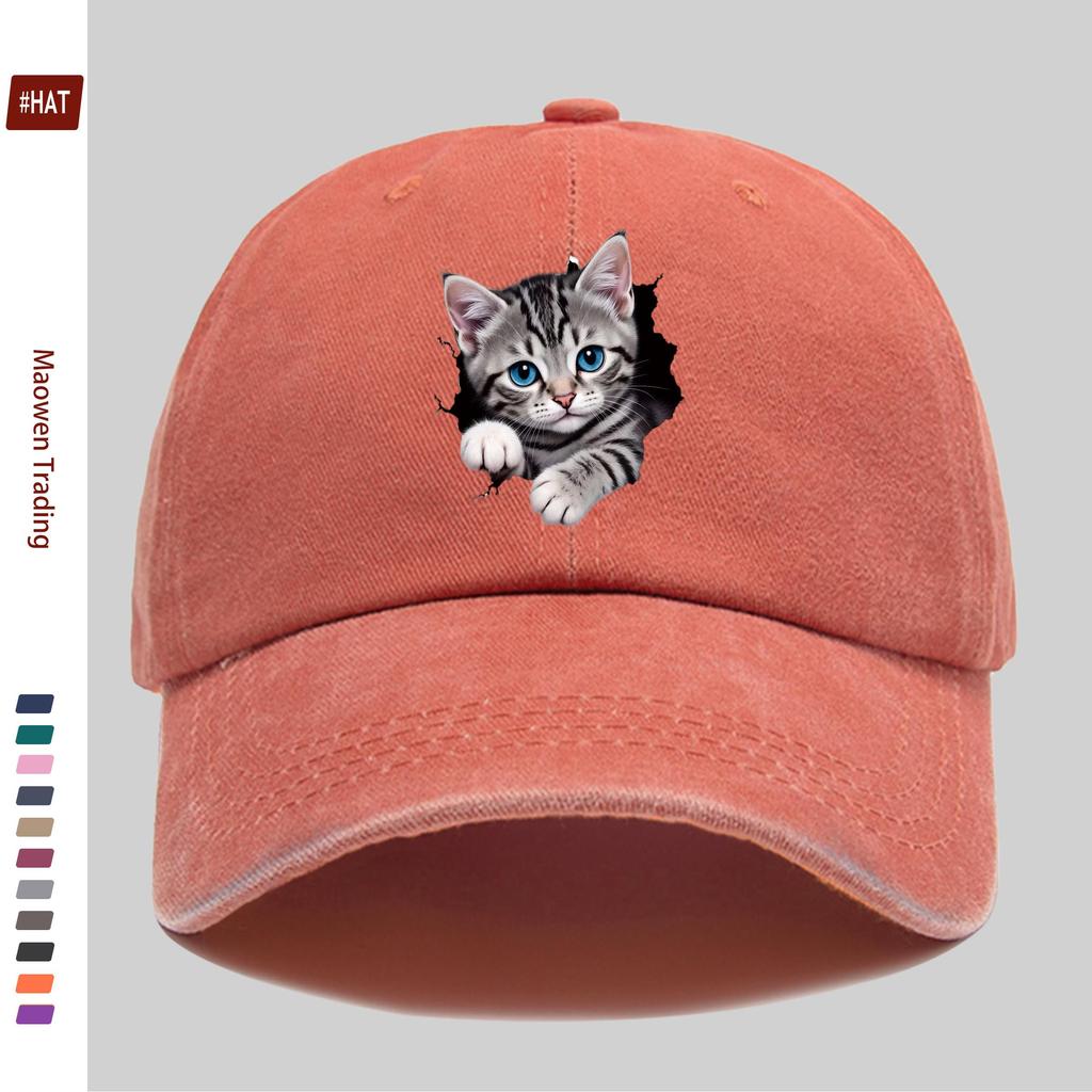 Pc Cute Gray Tabby Kitten Peeking Through Hole BlueEyed Print Baseball Cap with Pet Cat Print Trucker Hat Comfortable Lightw