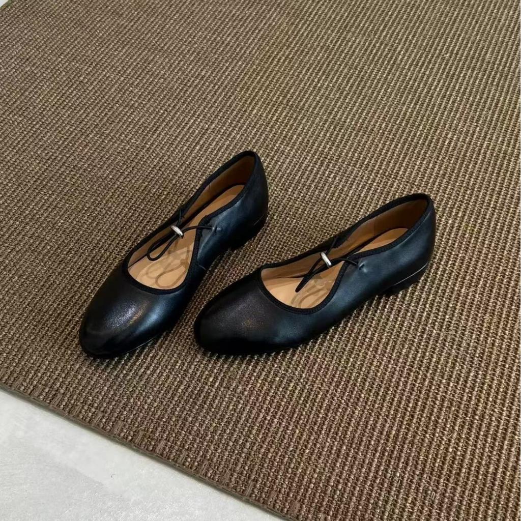 Cowhide version simple word with round head Mary Jane shoes women's French retro beautiful not tired feet flat thick heel single shoes